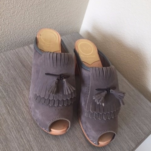 grey suede clogs